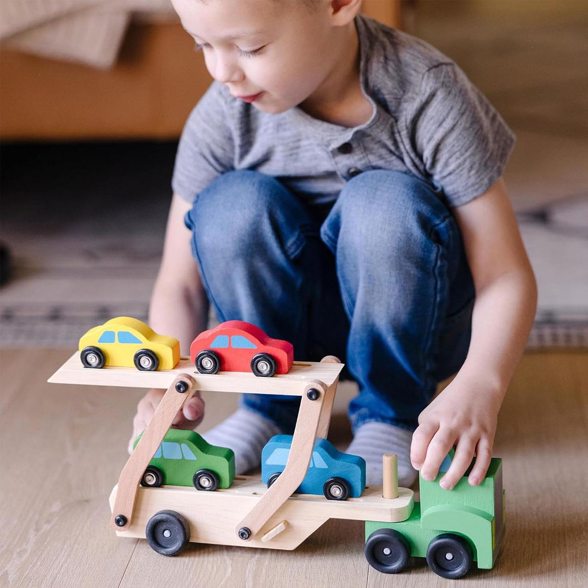 Melissa & Doug Wooden Car Transporter Truck & Cars 4-Car Set 5-Piece Toy Vehicle Set Ages 3+ Multicolor - Image 2