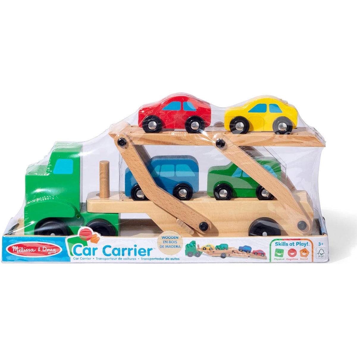 Melissa & Doug Wooden Car Transporter Truck & Cars 4-Car Set 5-Piece Toy Vehicle Set Ages 3+ Multicolor - Image 4