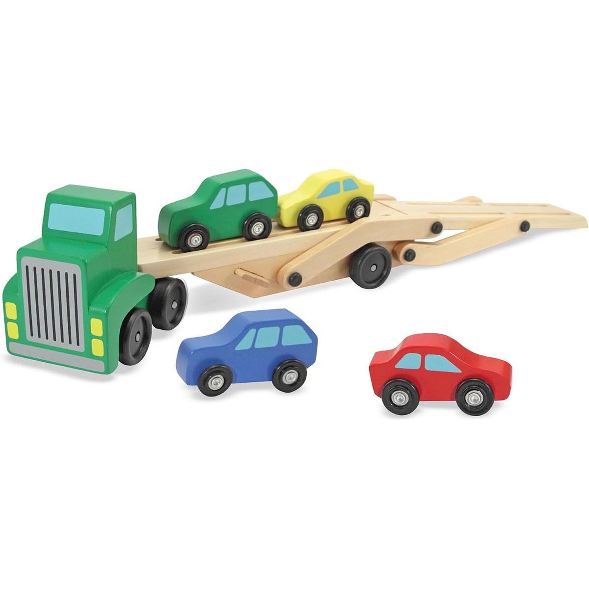 Melissa & Doug Wooden Car Transporter Truck & Cars 4-Car Set 5-Piece Toy Vehicle Set Ages 3+ Multicolor - Image 5