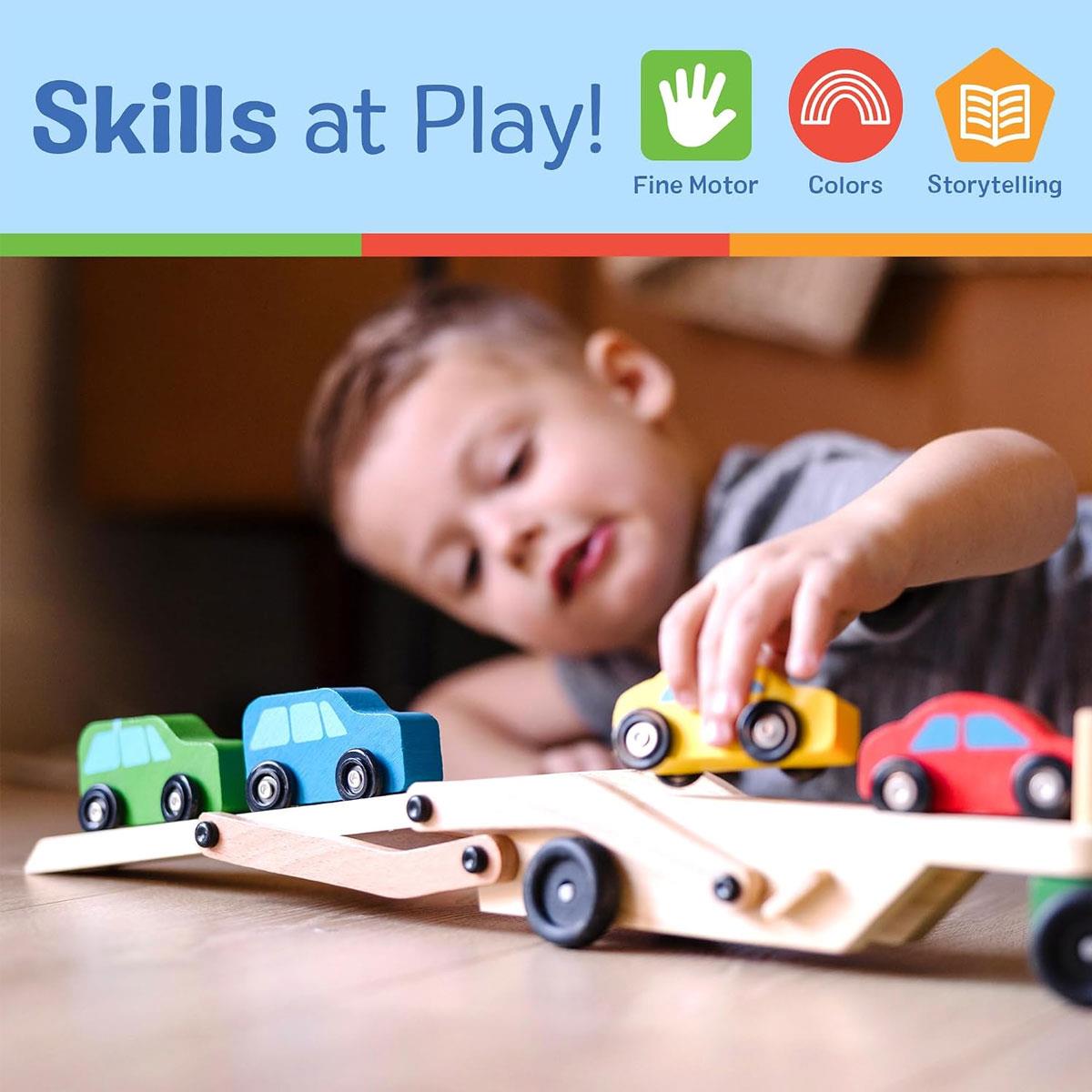 Melissa & Doug Wooden Car Transporter Truck & Cars 4-Car Set 5-Piece Toy Vehicle Set Ages 3+ Multicolor - Image 6