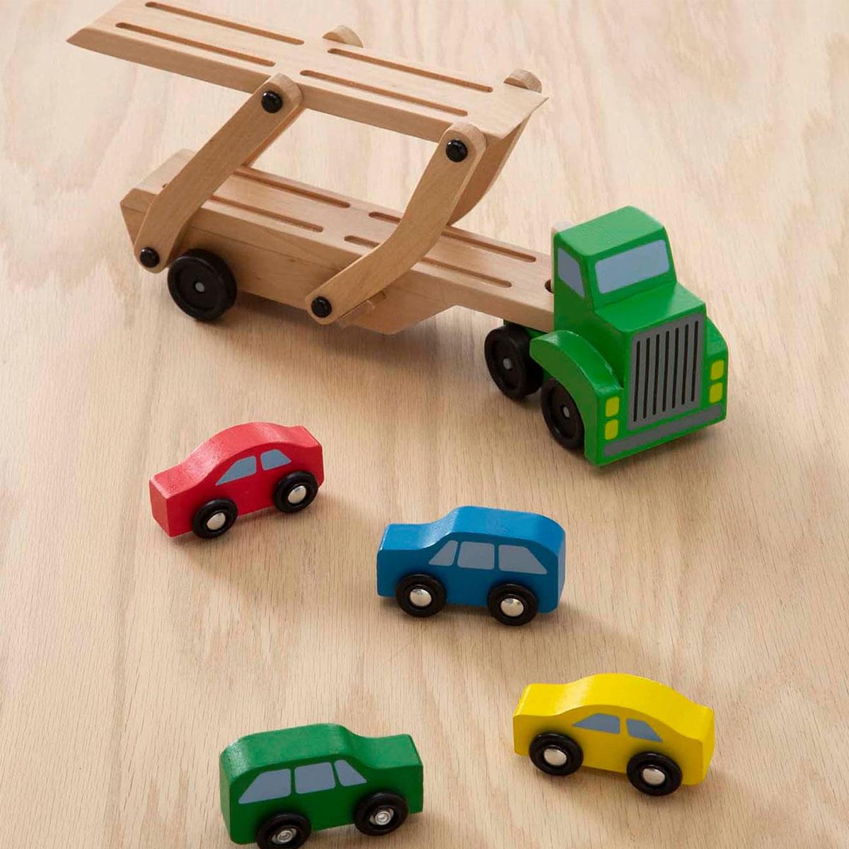 Melissa & Doug Wooden Car Transporter Truck & Cars 4-Car Set 5-Piece Toy Vehicle Set Ages 3+ Multicolor - Image 10