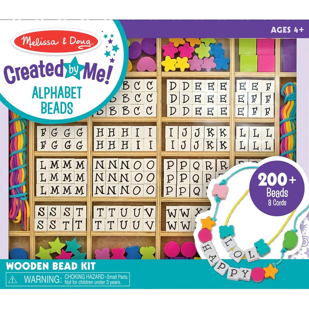 Melissa & Doug Wooden Alphabet Beads Jewelry Making Kit 200+ Beads 8 Cords Multicolor Ages 4 +