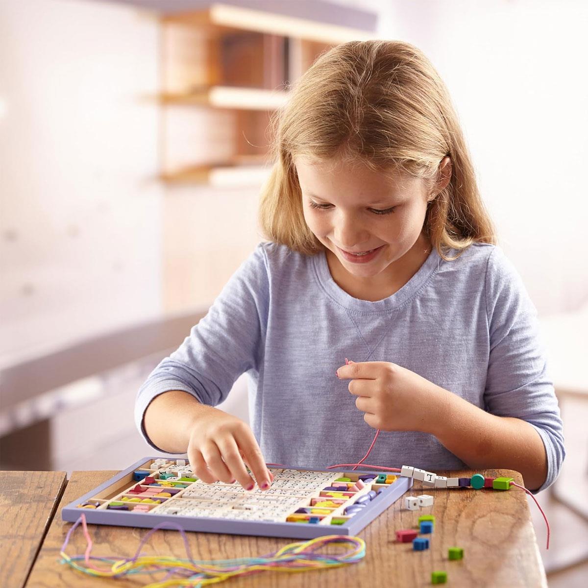 Melissa & Doug Wooden Alphabet Beads Jewelry Making Kit 200+ Beads 8 Cords Multicolor Ages 4 + - Image 2