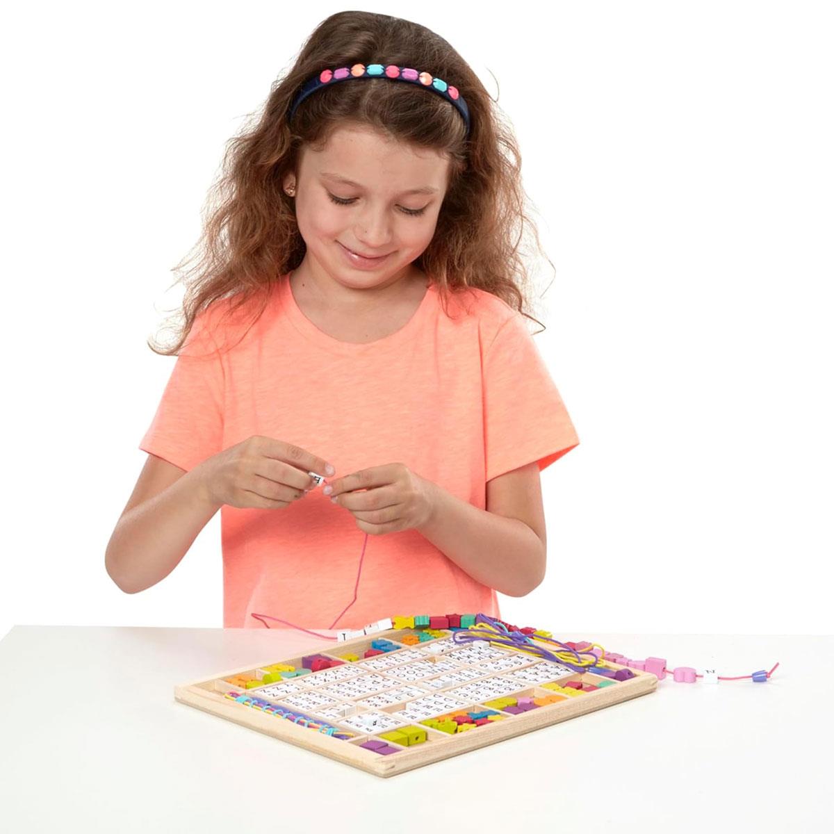 Melissa & Doug Wooden Alphabet Beads Jewelry Making Kit 200+ Beads 8 Cords Multicolor Ages 4 + - Image 3