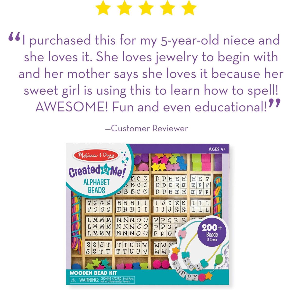 Melissa & Doug Wooden Alphabet Beads Jewelry Making Kit 200+ Beads 8 Cords Multicolor Ages 4 + - Image 6