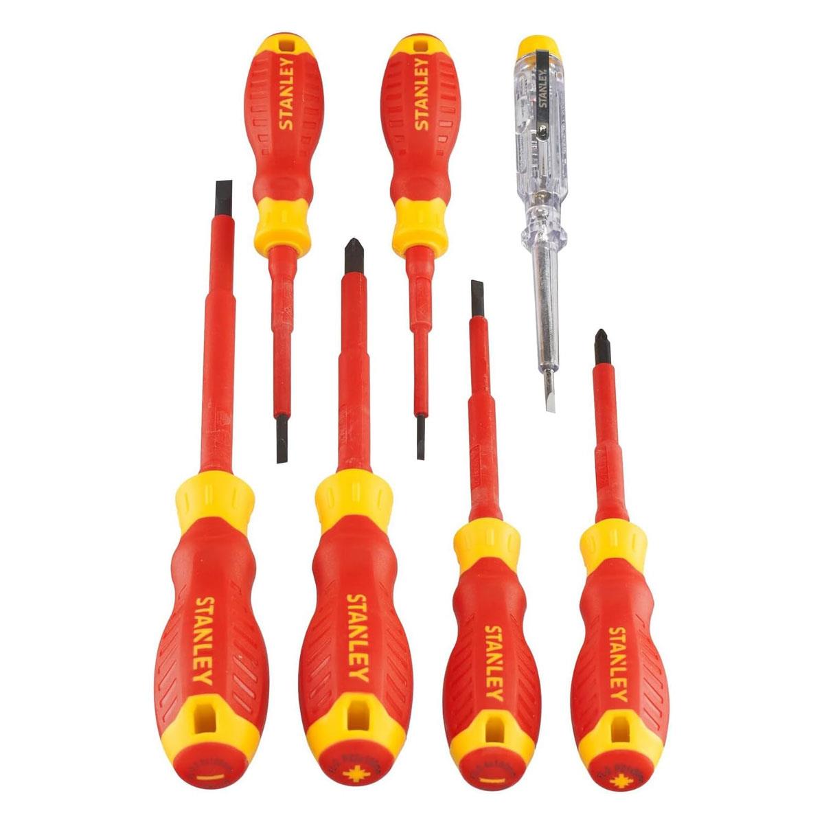Stanley VDE Insulated Screwdriver Set 7 Piece - Chrome Vanadium Steel Hardened Tips 1000V Slotted & Pozidriv