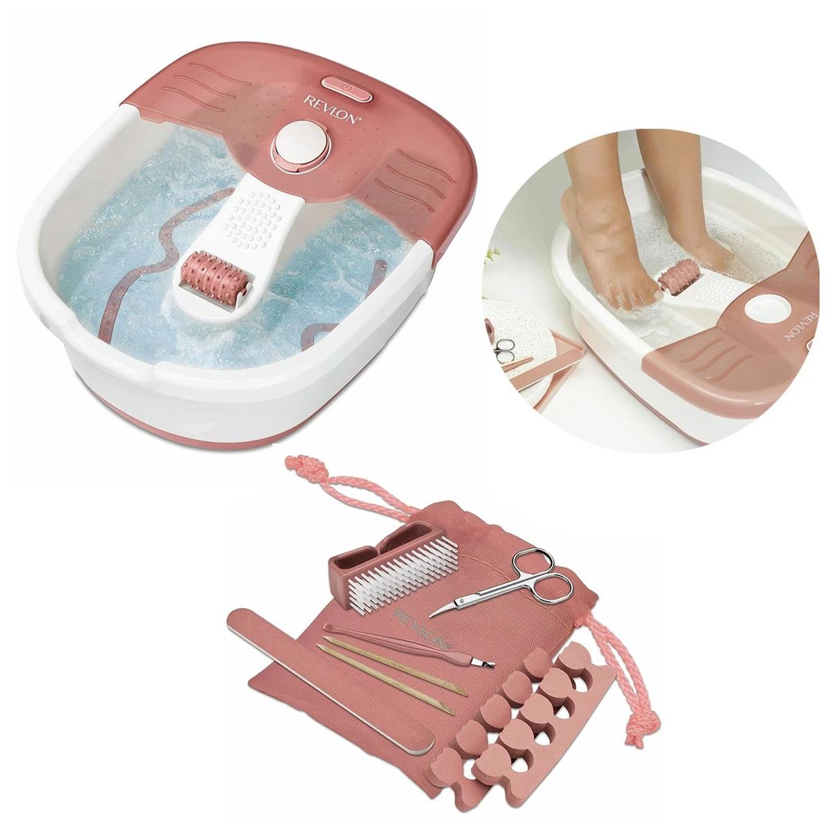 Revlon PediPrep Foot Spa Bubble Massage Pedicure Set Mechanical Roller Pumice Stone And 9 Piece Pedicure Kit Pink