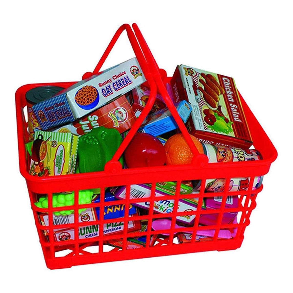 Peterkin Grocery Basket Playset Toy 25cm Red Plastic Basket with 40+ Pretend Food Accessories and Cutlery Ages 3+
