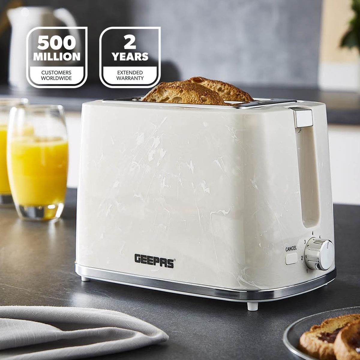 Geepas Skye 2 Slice Toaster Skye 900W Stainless Steel 7 Browning Levels Defrost Reheat Cancel White - Image 2