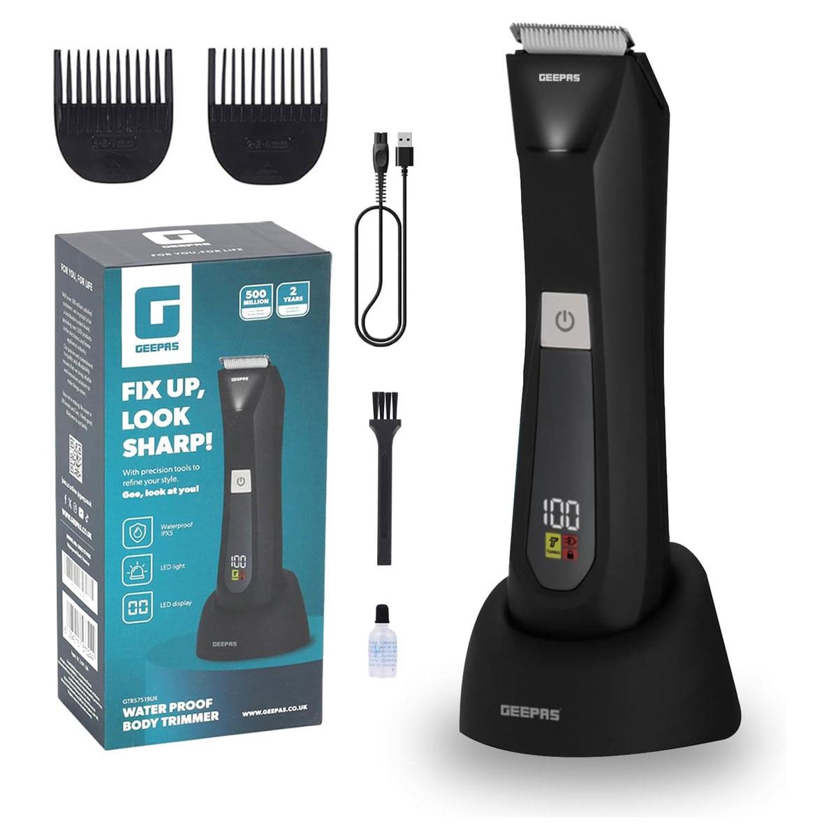 GEEPAS Men’s Full Body Trimmer Waterproof Wet & Dry Ceramic Blade 2 Speed 600mAh Rechargeable Black