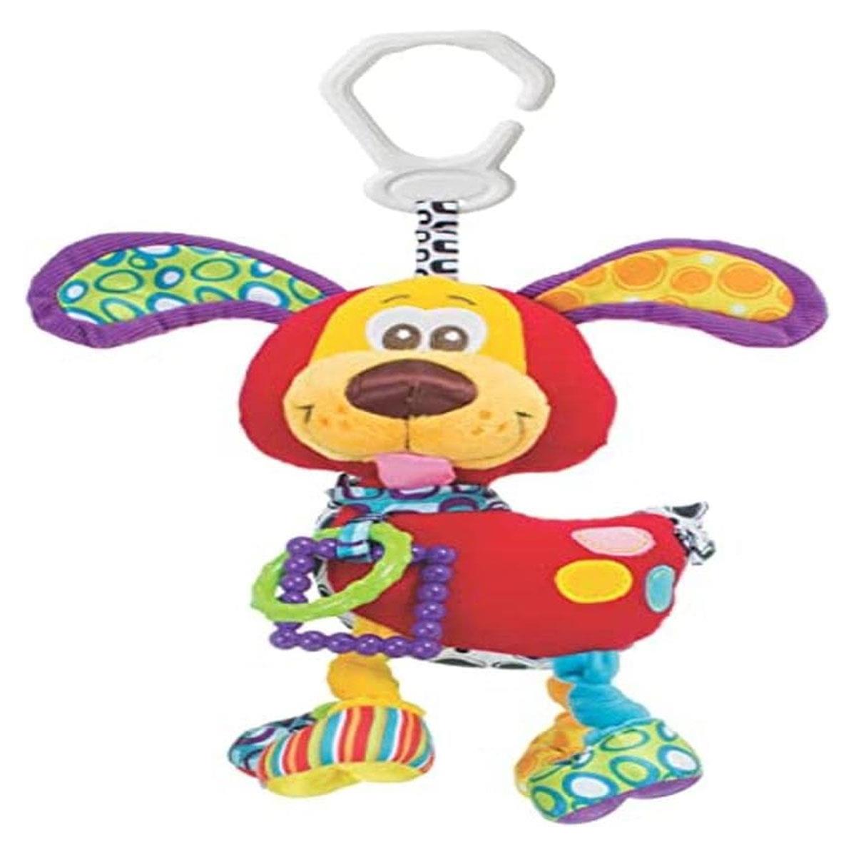 Playgro Baby Activity Toy Pooky Puppy Soft Sensory Dog with Teething Rings Rattle & C-Clip Multicolour