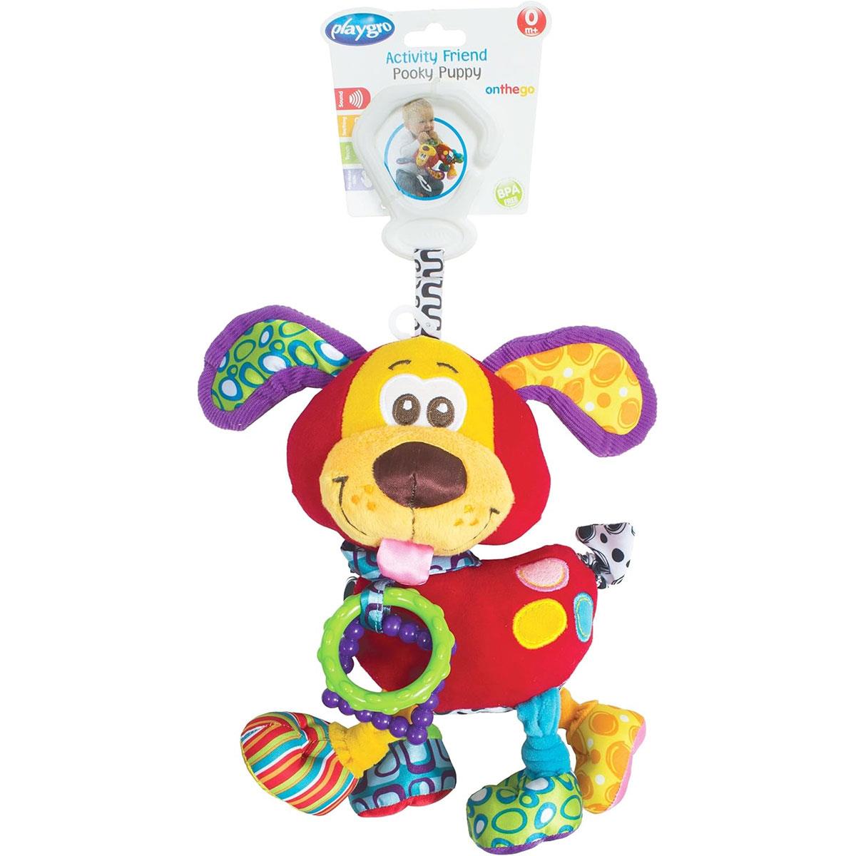 Playgro Baby Activity Toy Pooky Puppy Soft Sensory Dog with Teething Rings Rattle & C-Clip Multicolour - Image 3