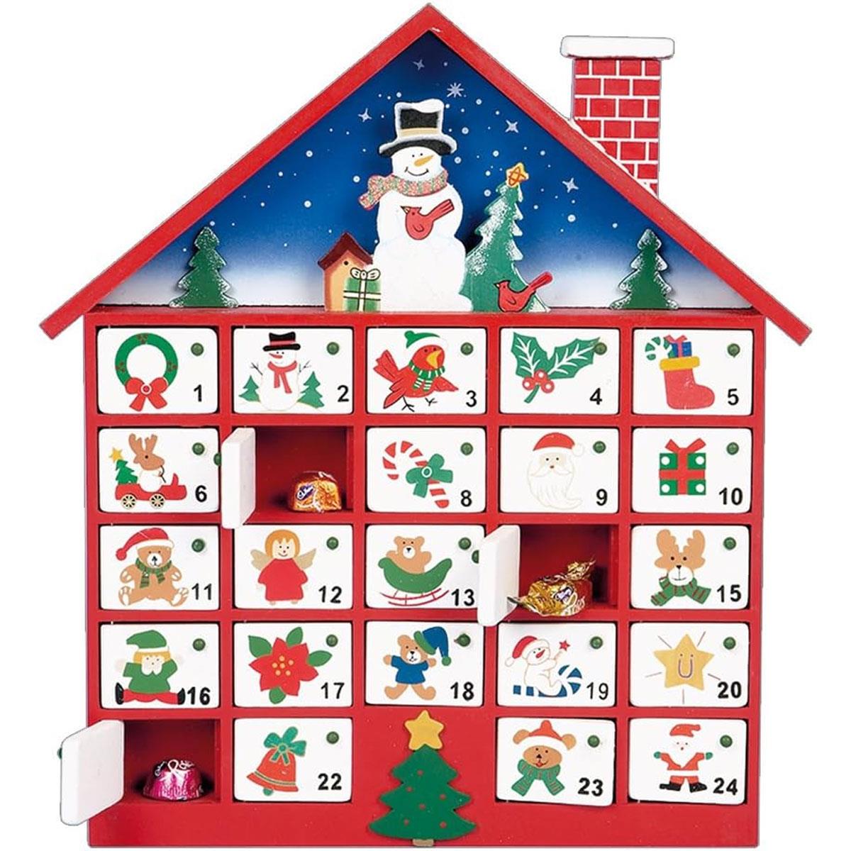 Premier Wooden Advent Calendar House Snowy Christmas Design 24 Doors Wood Multi-Colour 40 x 35 cm