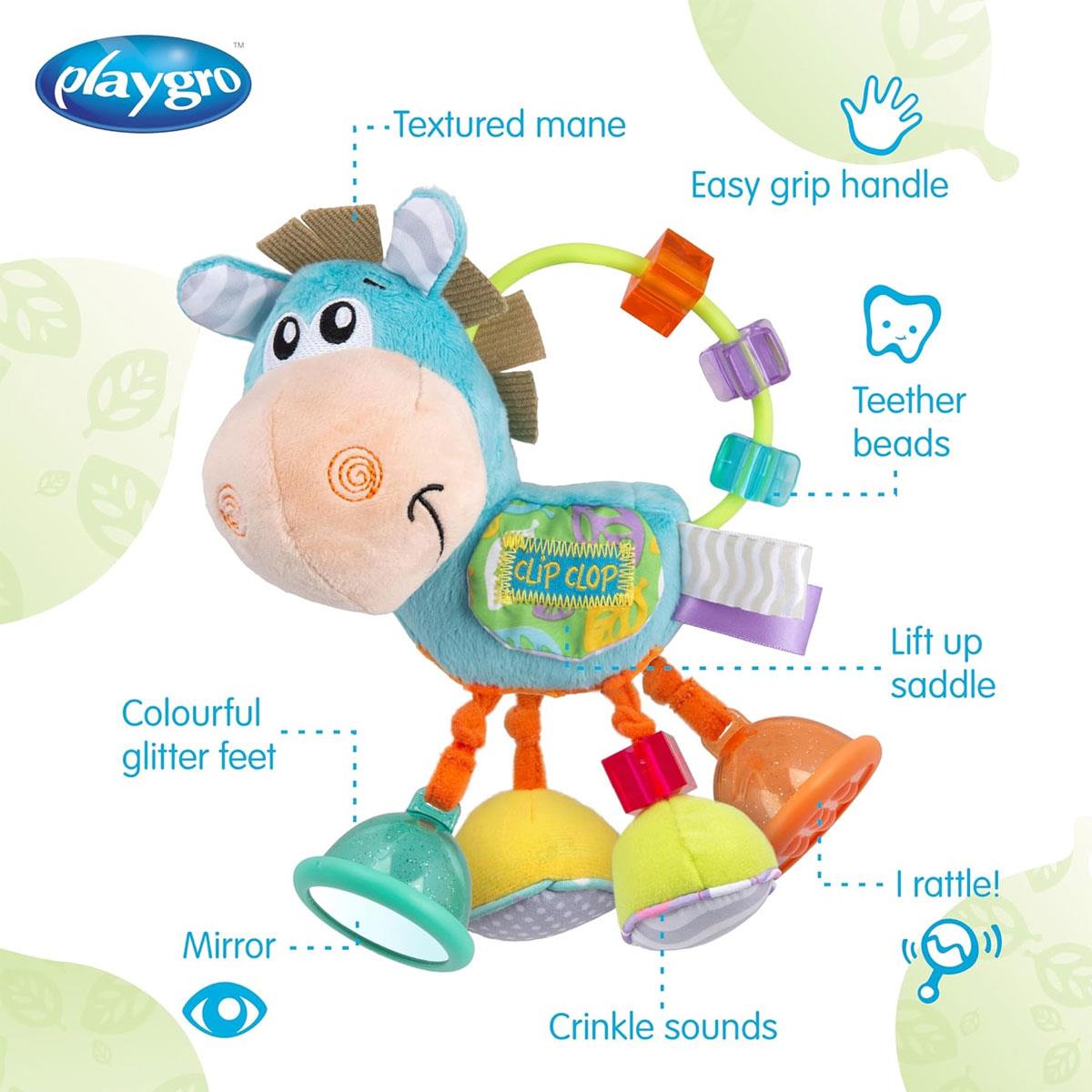Playgro Clip Clop Horse Activity Rattle Soft Teething Toy with Crinkle Feet Mirror & Textured Beads Light Blue 3+ Months - Image 3