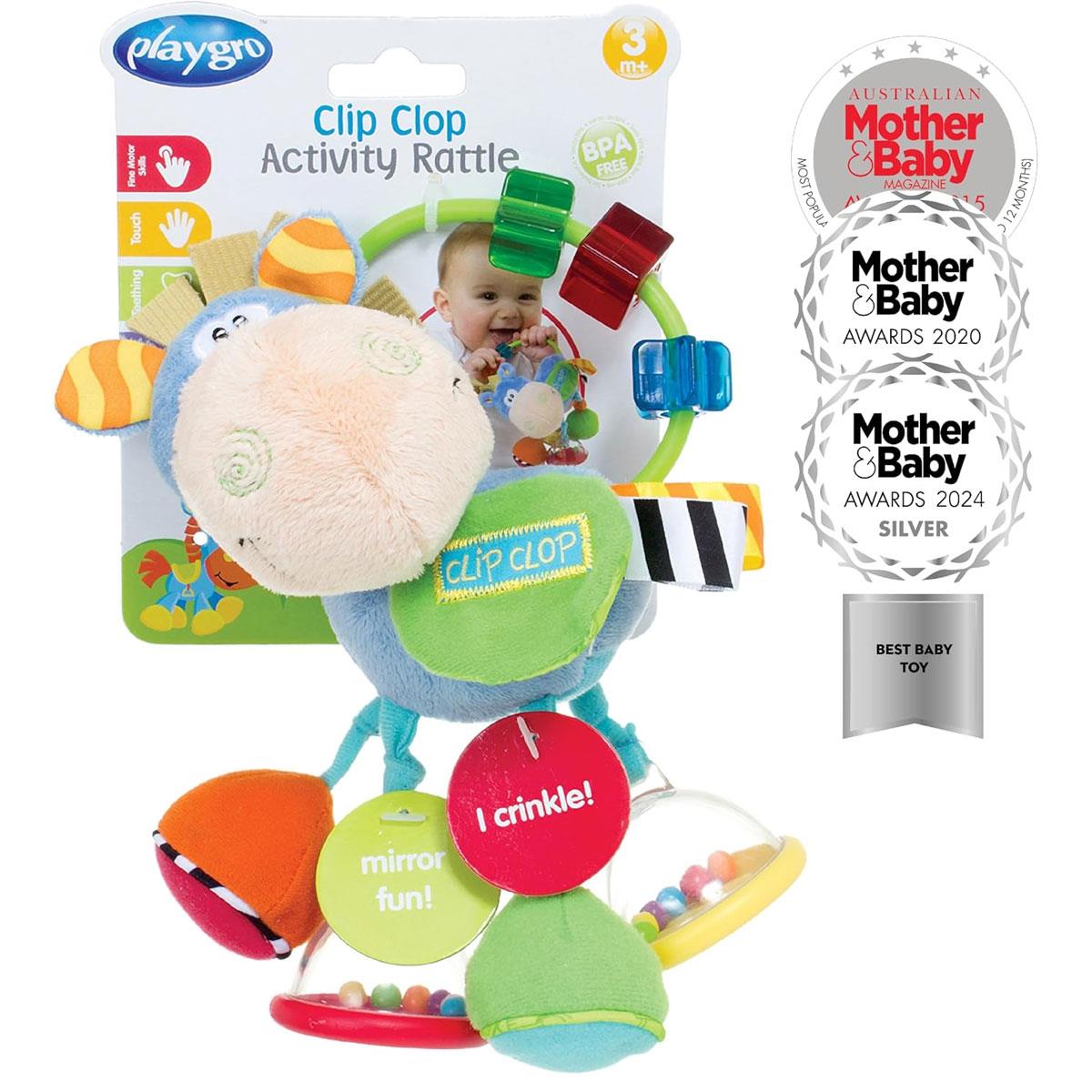 Playgro Clip Clop Horse Activity Rattle Soft Teething Toy with Crinkle Feet Mirror & Textured Beads Light Blue 3+ Months - Image 4