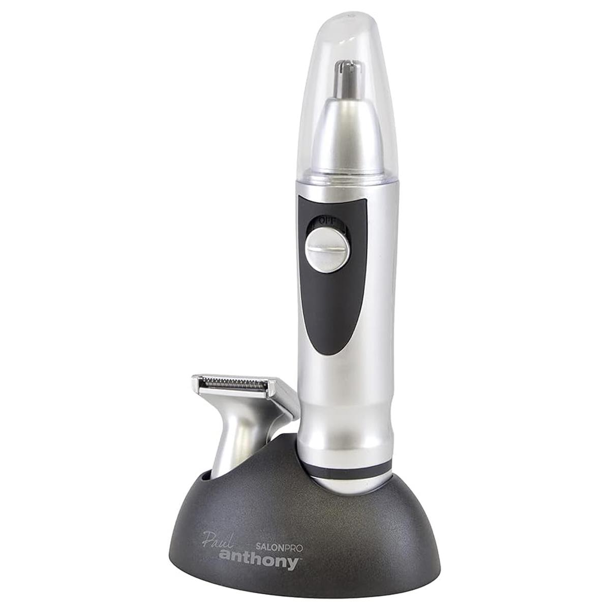 Paul Anthony Salon Pro Nose And Beard Trimmer High Carbon Steel Blades LED Light 2 In 1 Battery Operated Silver - Image 2