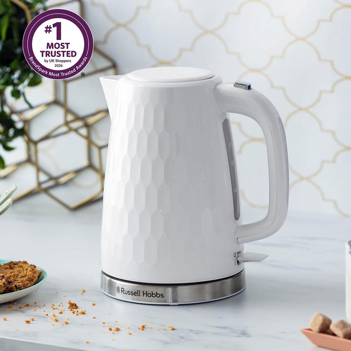 Russell Hobbs Honeycomb Electric Kettle 1.7L 3000W White Cordless 360° Base - Image 2