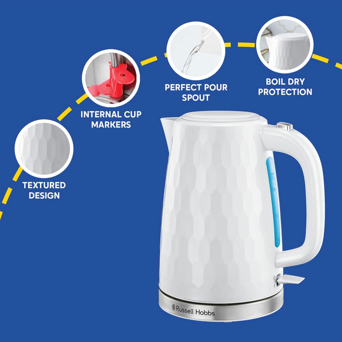 Russell Hobbs Honeycomb Electric Kettle 1.7L 3000W White Cordless 360° Base - Image 3