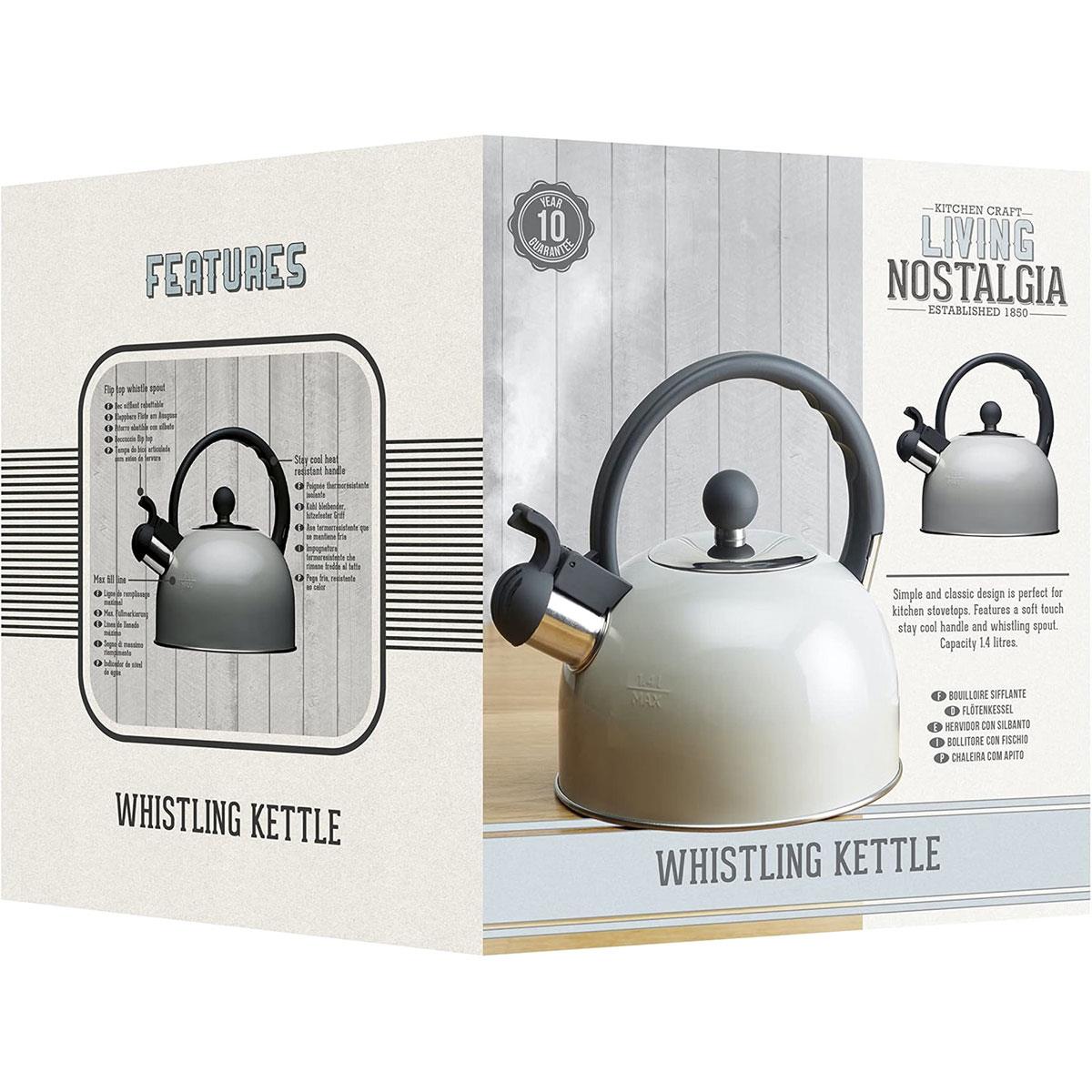 KitchenCraft Stovetop Whistling Kettle Living Nostalgia Stainless Steel 1.3L French Grey Induction - Image 3