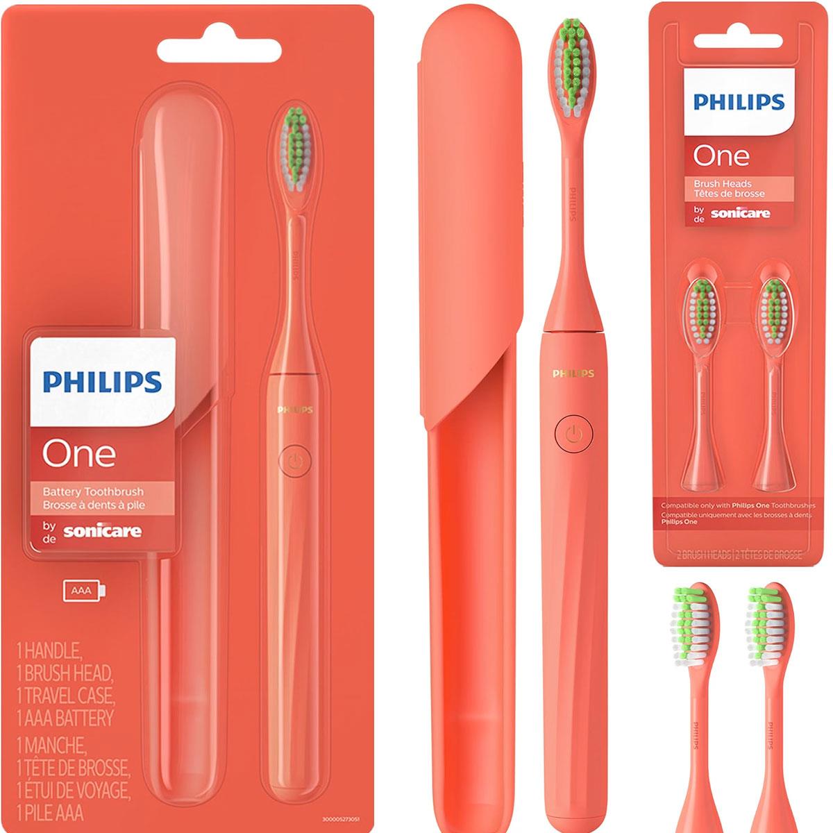 Philips Sonicare One Battery Toothbrush Miami Coral 3 Brush Heads Travel Case AAA Battery