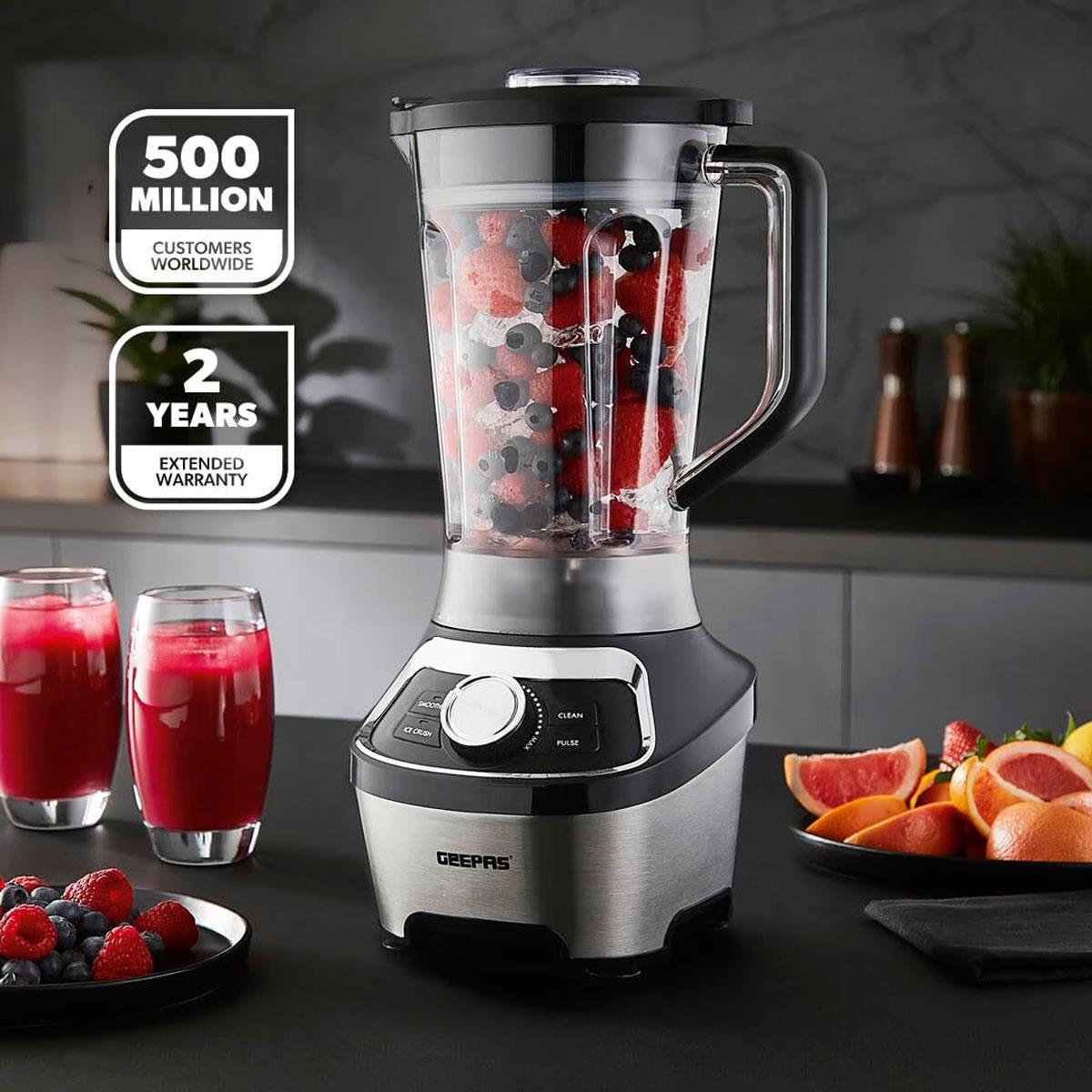 Geepas 1200W Jug Blender Smoothie Maker 1.8L BPA-Free Tritan Jar 4 Stainless Steel Blades Ice Crusher Pulse Silver/Black - Image 2