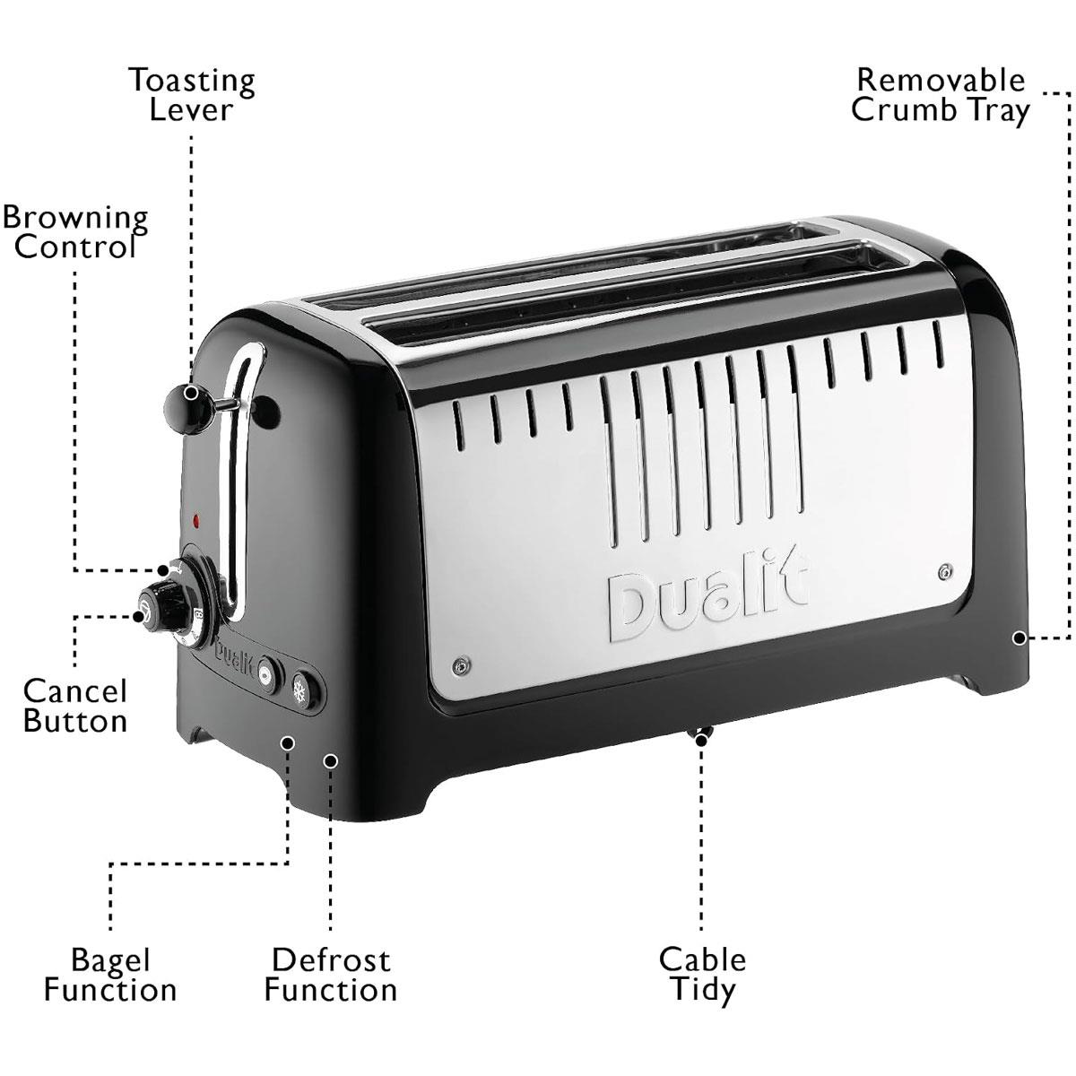 Dualit 2 Slice Long Slot Toaster 1700W High Gloss Black with Warming Rack Bagel & Defrost Functions 36mm Wide Slots - Image 9