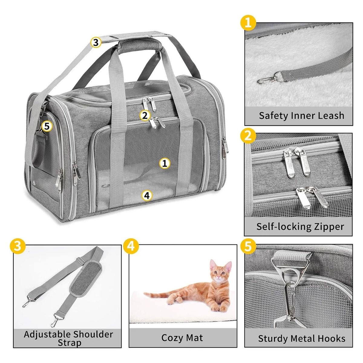 Generic Foldable Pet Carrier Bag for Cats & Small Dogs 17 Inch 7.3kg Capacity Mesh Windows Padded Mat Grey - Image 4