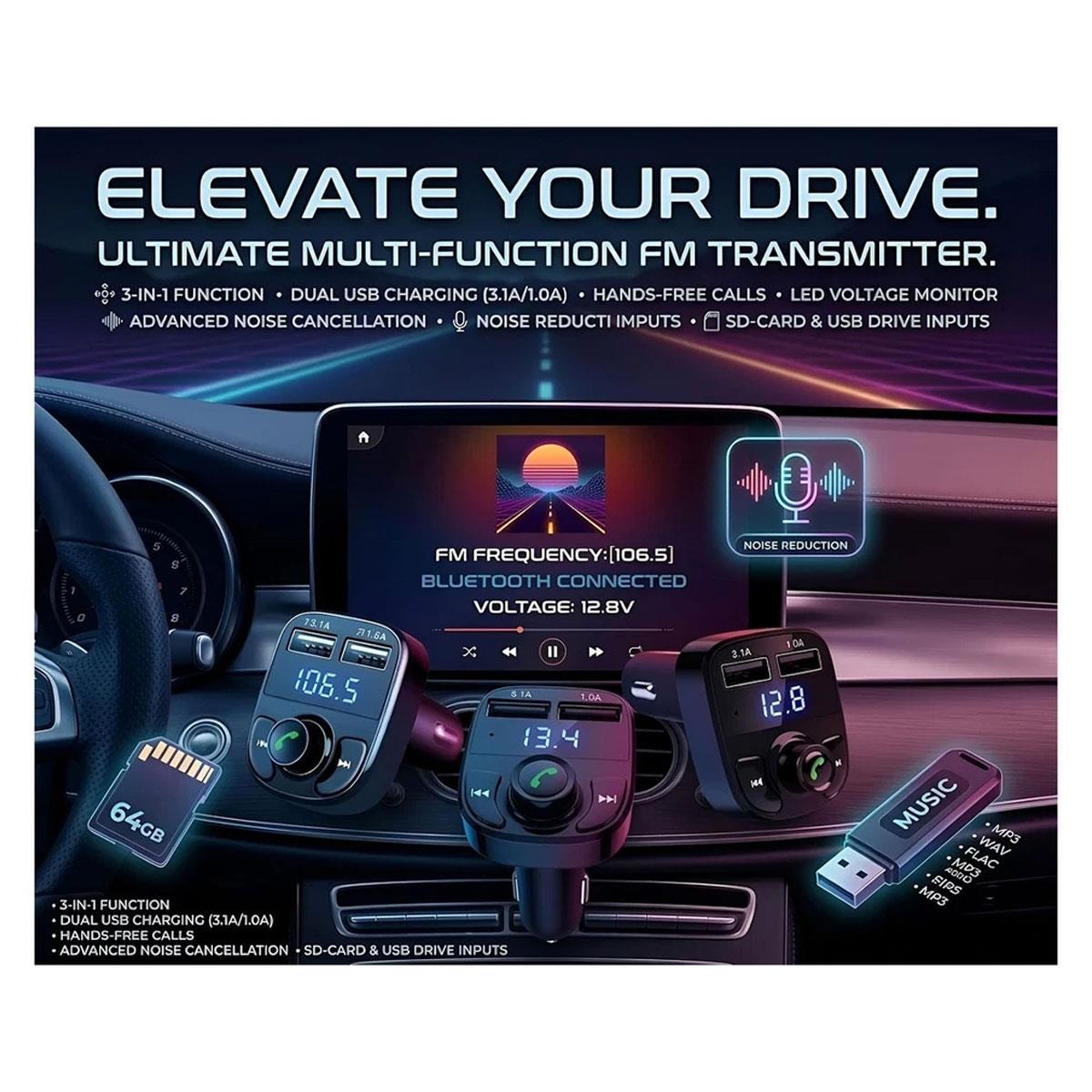 HTG Bluetooth 5.3 FM Transmitter Car Charger 20W PD QC3.0 Dual USB MP3 Hands-Free Black - Image 8