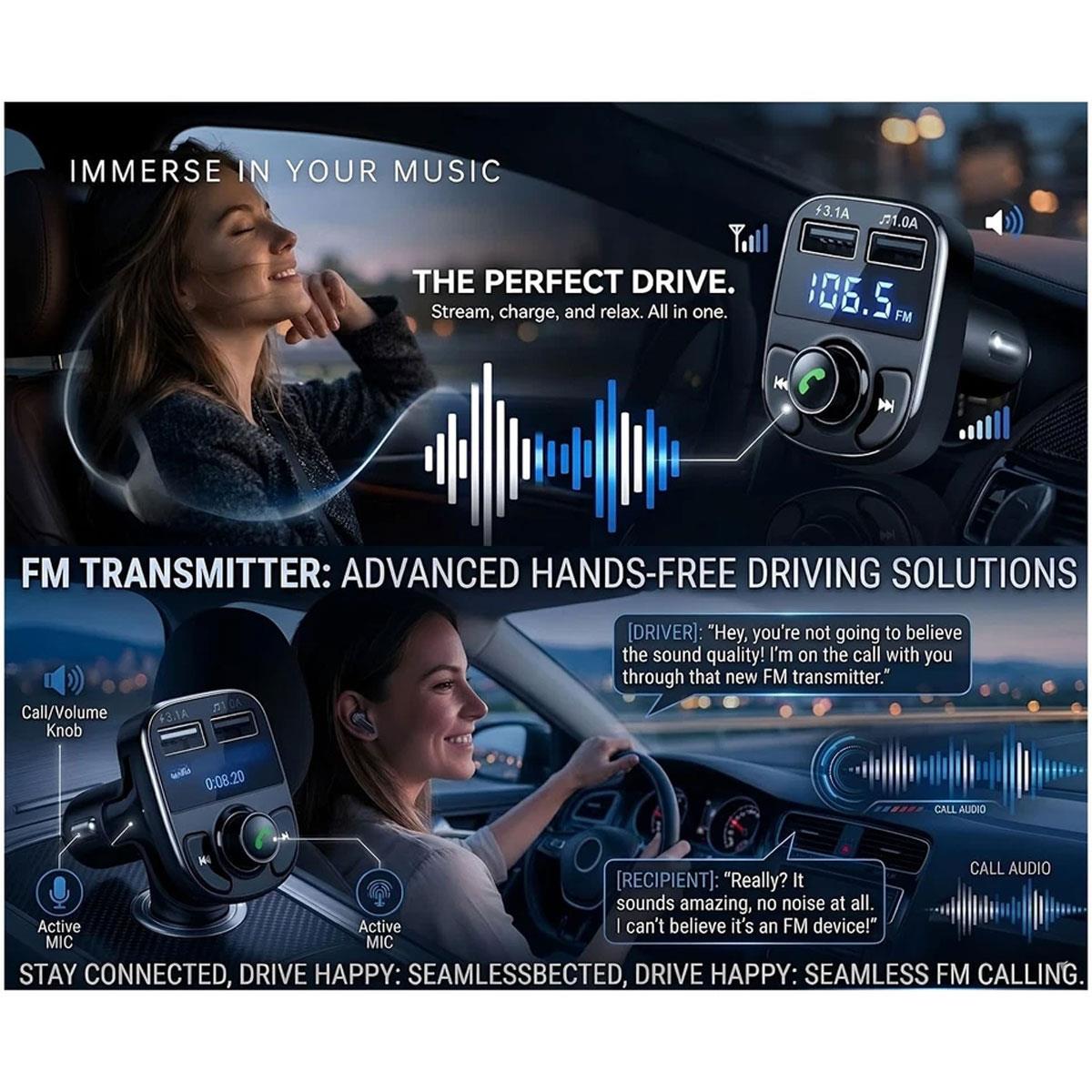 HTG Bluetooth 5.3 FM Transmitter Car Charger 20W PD QC3.0 Dual USB MP3 Hands-Free Black - Image 9