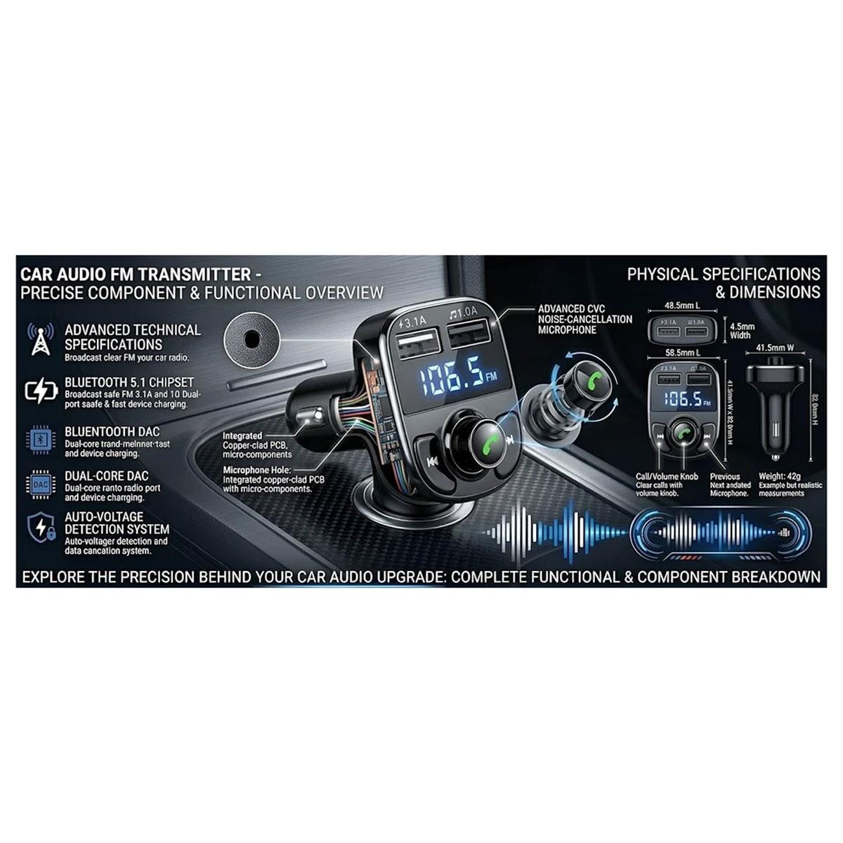 HTG Bluetooth 5.3 FM Transmitter Car Charger 20W PD QC3.0 Dual USB MP3 Hands-Free Black - Image 11