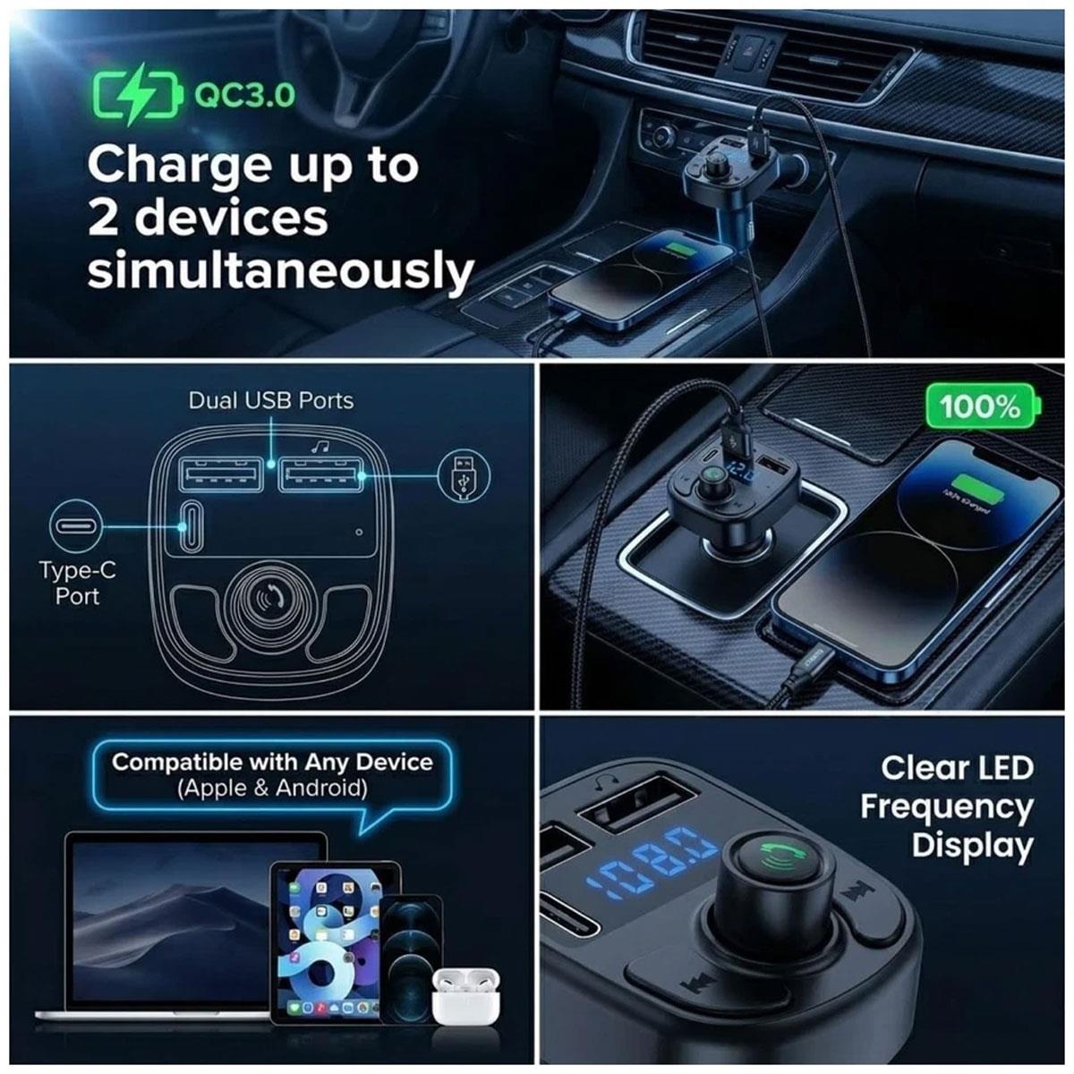 HTG Bluetooth 5.3 FM Transmitter Car Charger 20W PD QC3.0 Dual USB MP3 Hands-Free Black - Image 15