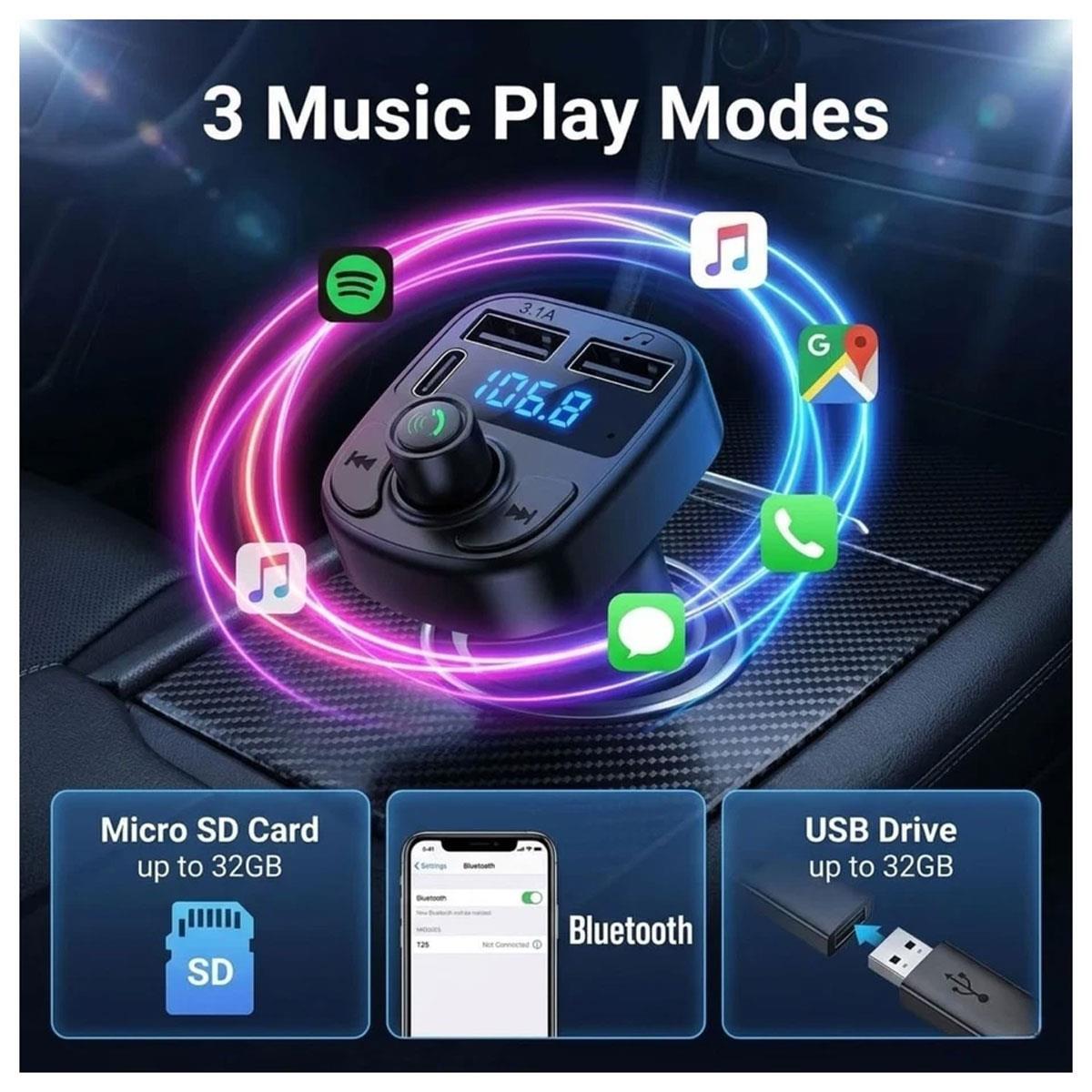 HTG Bluetooth 5.3 FM Transmitter Car Charger 20W PD QC3.0 Dual USB MP3 Hands-Free Black - Image 16