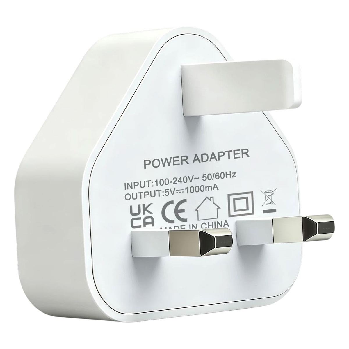 Premium 5V 1A USB Wall Charger UK 3-Pin Type G Plug 5W USB-A Power Adapter White