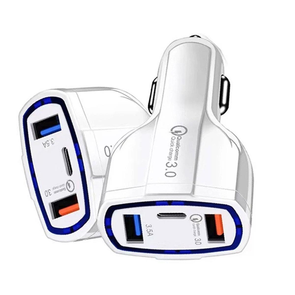 Qualcomm 48W 3-Port Car Charger QC3.0 USB-C PD Fast Charge Adapter Dual USB 12V–32V White