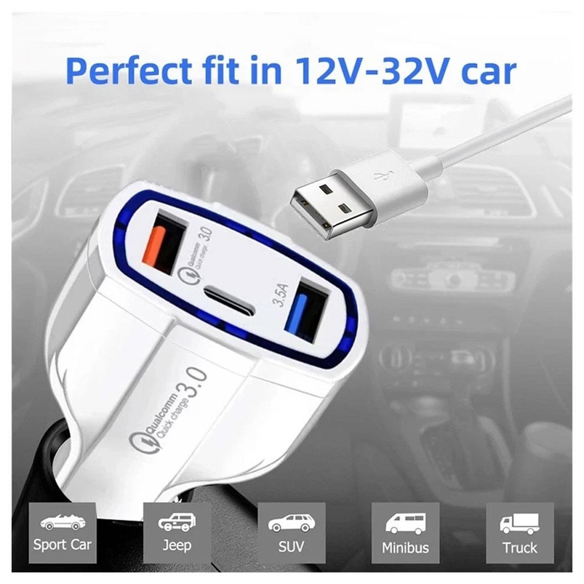 Qualcomm 48W 3-Port Car Charger QC3.0 USB-C PD Fast Charge Adapter Dual USB 12V–32V White - Image 2