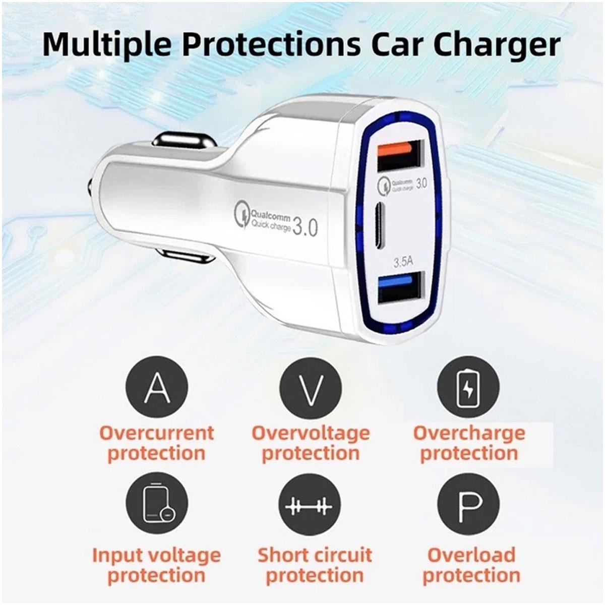 Qualcomm 48W 3-Port Car Charger QC3.0 USB-C PD Fast Charge Adapter Dual USB 12V–32V White - Image 3