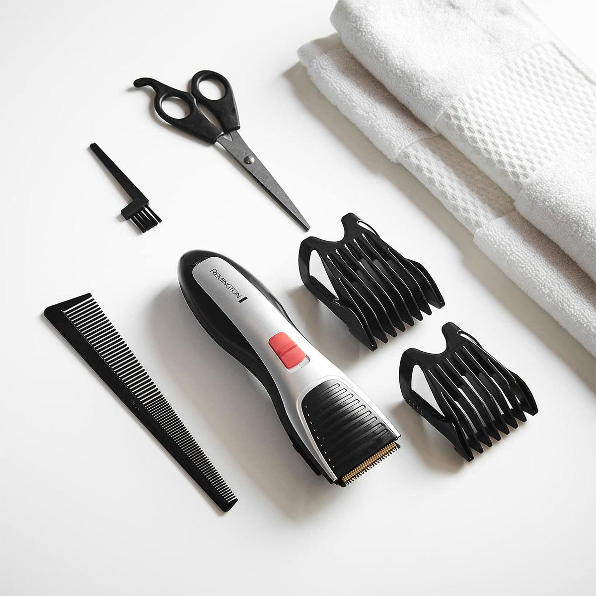 Remington Titanium Hair Clippers Cordless/Corded Grey/Black with 2 Combs Scissors Barber Comb & Travel Case - Image 2