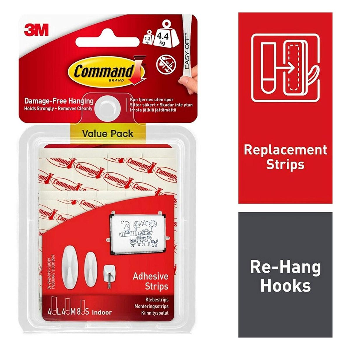 3M Command Assorted Refill Strips 16 Pack Small Medium Large White Damage-Free Hanging Up to 4.4kg - Image 2