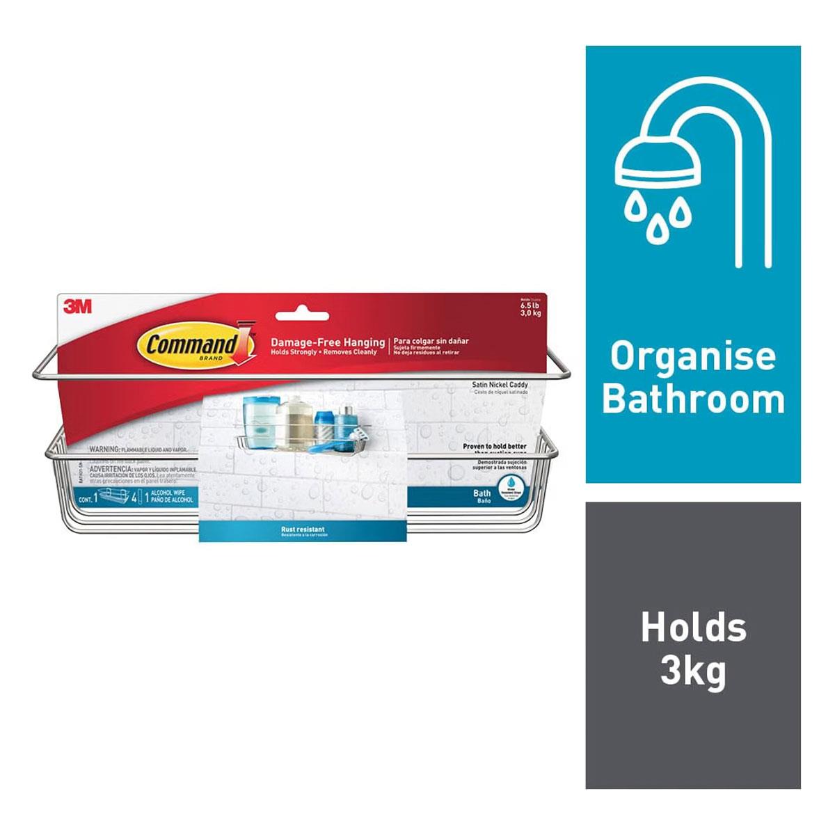 3M Command Bath Shower Caddy Satin Nickel with 4 Water-Resistant Strips 3kg Capacity No Drill - Image 5