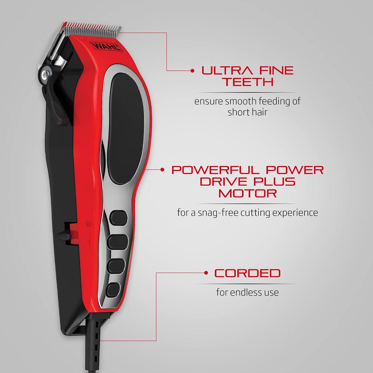 Wahl Fade Pro Hair Clipper Corded Xtreme Fade Blade 11 Combs 0.8-25mm Black/Red - Image 2