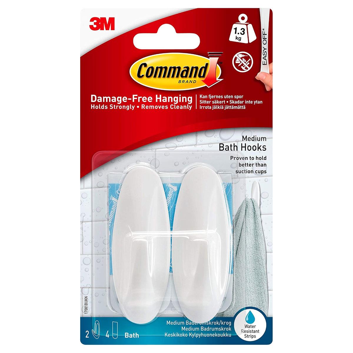 3M Command Bath Designer Hooks Medium White 2 Water Resistant Hooks with 4 Adhesive Strips 1.3kg Holding Power - Image 2