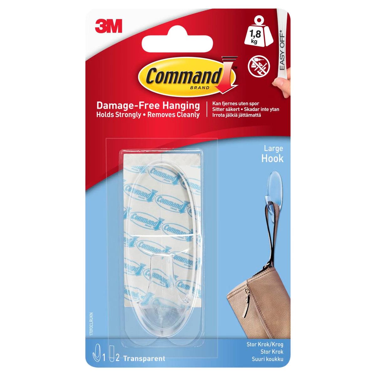 3M Command Hooks with Strips Large 1 Hook and 2 Large Strips 1.8 kg Holding Power Clear/Transparent - Image 2