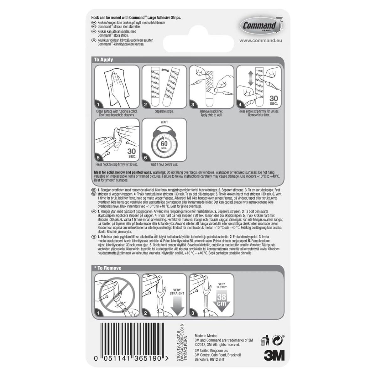 3M Command Hooks with Strips Large 1 Hook and 2 Large Strips 1.8 kg Holding Power Clear/Transparent - Image 13