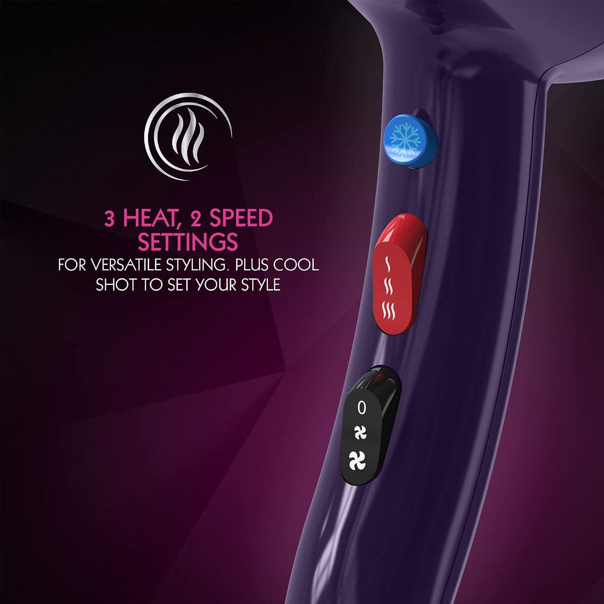Wahl Ionic Style Hair Dryer Tourmaline Grille 2000W 3 Heat 2 Speed 2 Nozzles 3m Cable Purple - Image 2