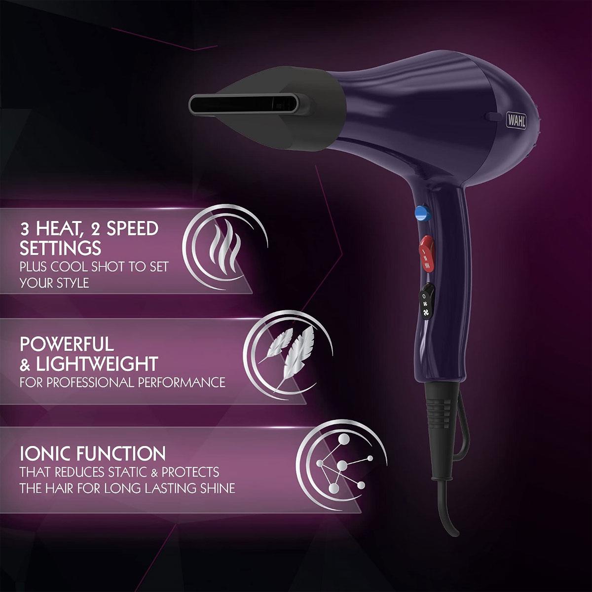 Wahl Ionic Style Hair Dryer Tourmaline Grille 2000W 3 Heat 2 Speed 2 Nozzles 3m Cable Purple - Image 3