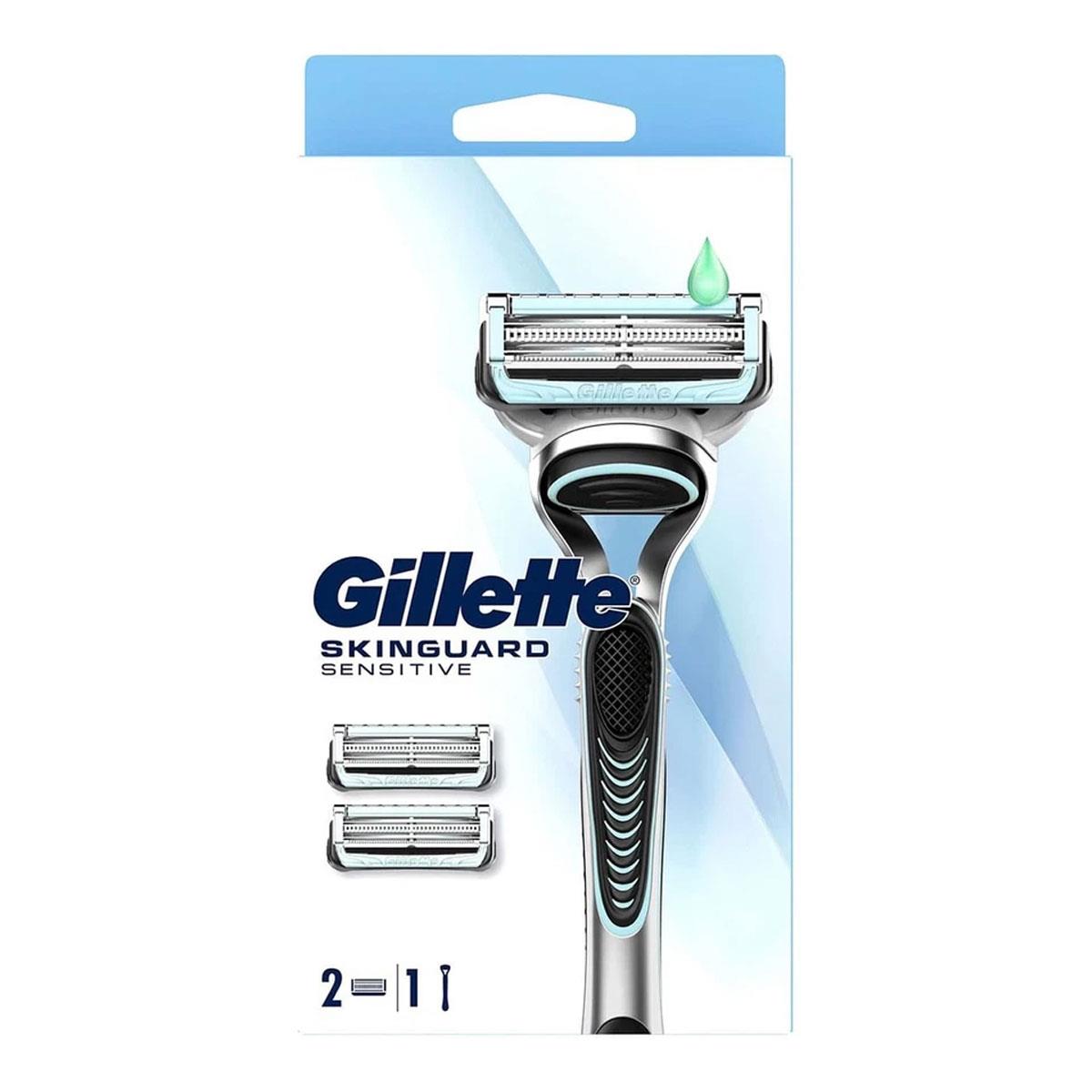Gillette SkinGuard Sensitive Men's Razor 2 Blade Protective SkinGuard Bridge Aloe Lubrastrip Chrome and Blue 1 Handle 2 Refills - Image 2